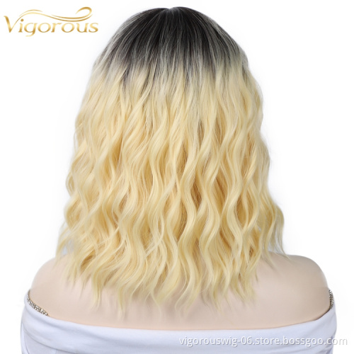 Ombre Black Blonde Water Wave Cheapest Price Bob Cut Glueless Curly Short Synthetic Hair Wigs For Black Women